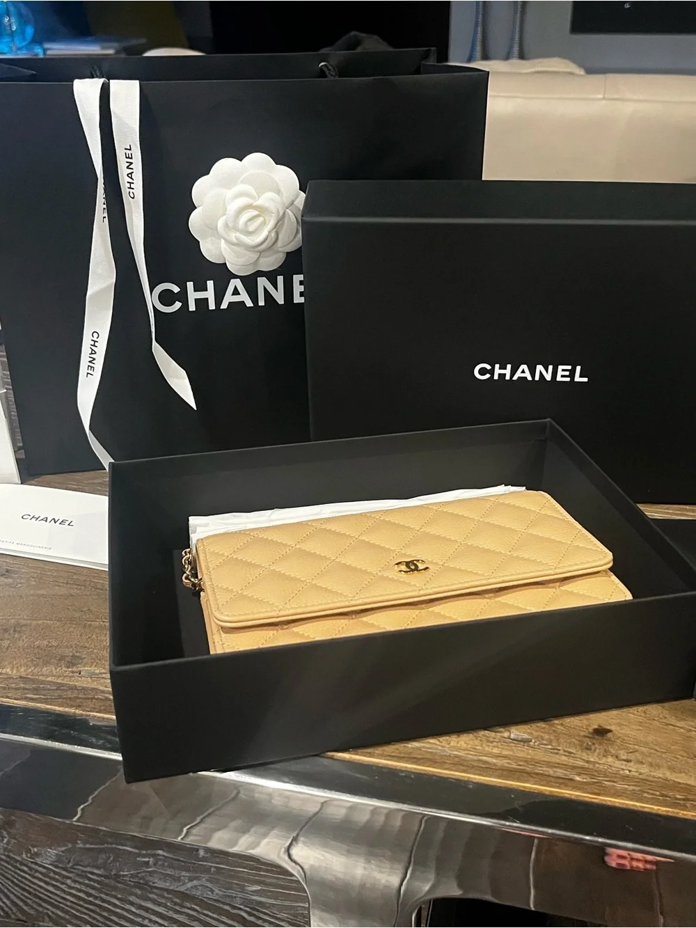 CHANEL Beige Quilted Caviar Leather Crossbody Wallet with Gold CC